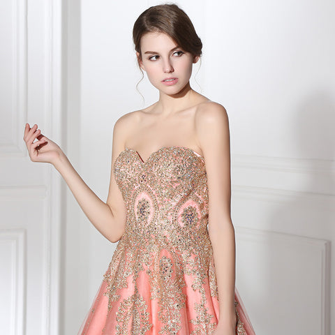 Enchanting Strapless Pink Ball Gown Gold Embroidered Detailing Prom Dress,LX359