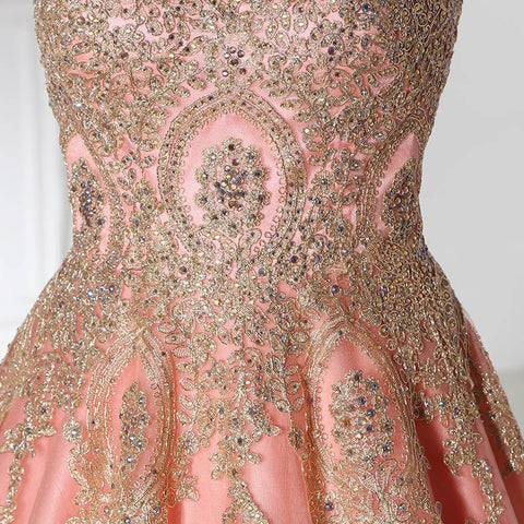 Enchanting Strapless Pink Ball Gown Gold Embroidered Detailing Prom Dress,LX359