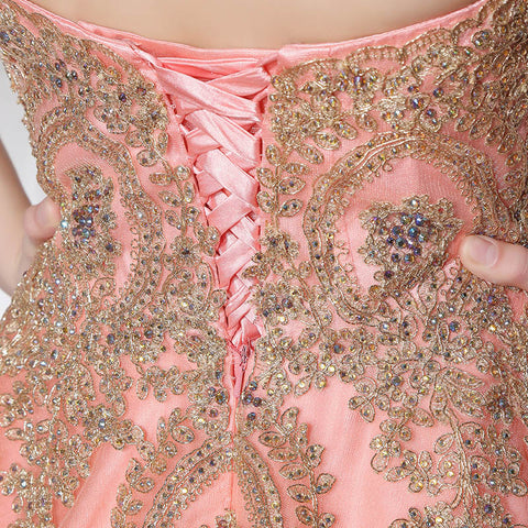 Enchanting Strapless Pink Ball Gown Gold Embroidered Detailing Prom Dress,LX359