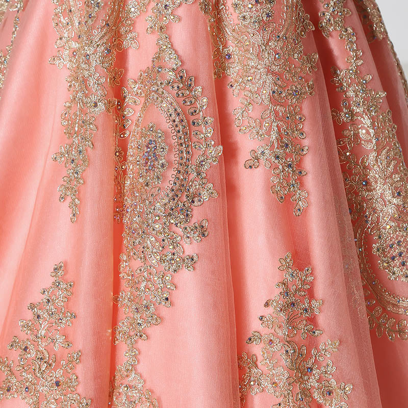 Enchanting Strapless Pink Ball Gown Gold Embroidered Detailing Prom Dress,LX359