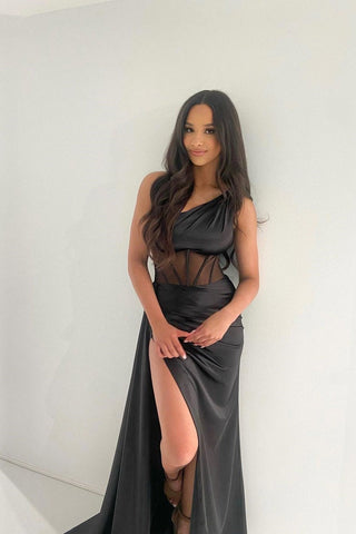 Long Sheath One Shoulder Pleated Satin  Prom Dress