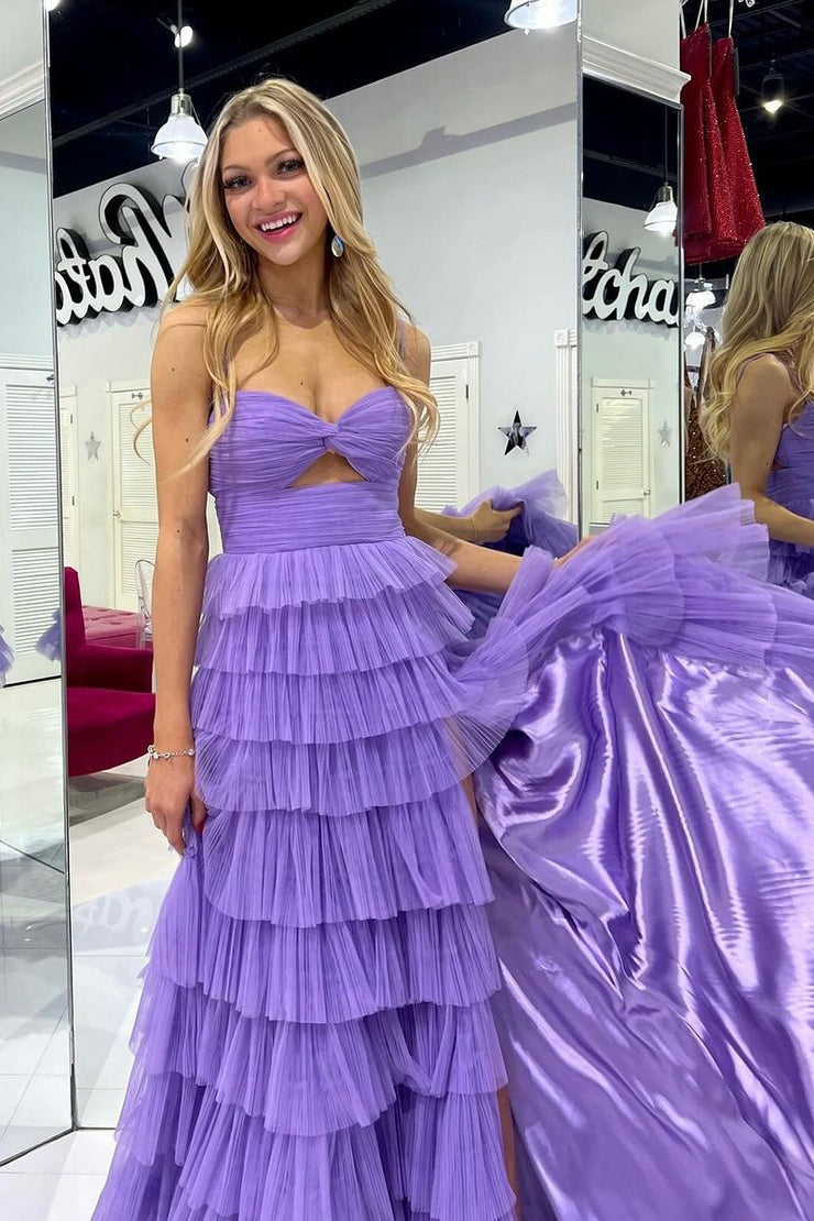 Lilac Sweetheart Keyhole Ruffle Tulle Long Prom Dress with Slit