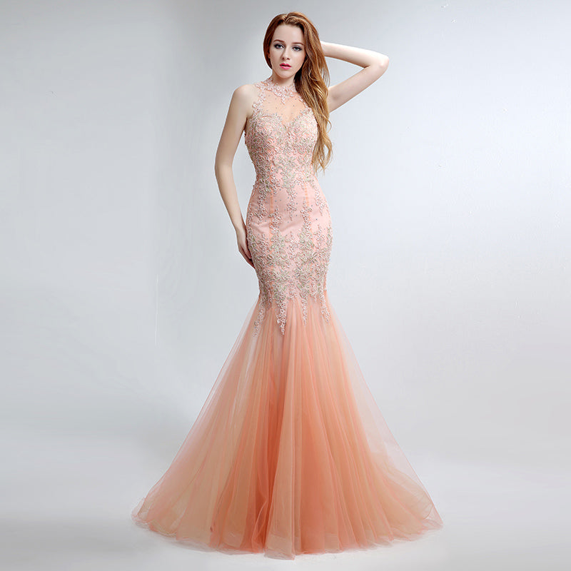 Exquisite High - Neck Mermaid - style Pink Evening Gown with Intricate Beaded and Lace Embroidery Prom Dress,LX153