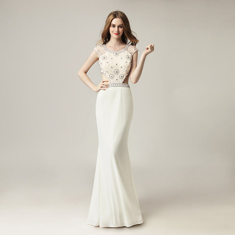 Stunning White Beaded Cap - Sleeve Mermaid Gown with Cut - Out Detail  Prom Dress,LX433