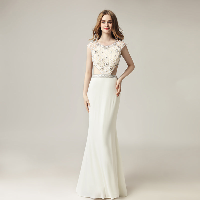 Stunning White Beaded Cap - Sleeve Mermaid Gown with Cut - Out Detail  Prom Dress,LX433