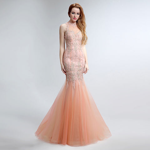 Exquisite High - Neck Mermaid - style Pink Evening Gown with Intricate Beaded and Lace Embroidery Prom Dress,LX153