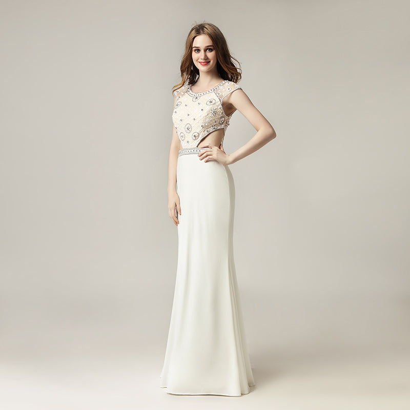 Stunning White Beaded Cap - Sleeve Mermaid Gown with Cut - Out Detail  Prom Dress,LX433