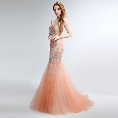 Exquisite High - Neck Mermaid - style Pink Evening Gown with Intricate Beaded and Lace Embroidery Prom Dress,LX153