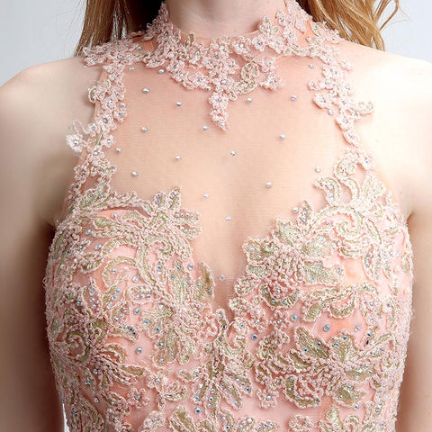 Exquisite High - Neck Mermaid - style Pink Evening Gown with Intricate Beaded and Lace Embroidery Prom Dress,LX153