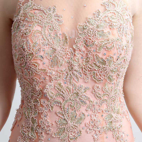 Exquisite High - Neck Mermaid - style Pink Evening Gown with Intricate Beaded and Lace Embroidery Prom Dress,LX153