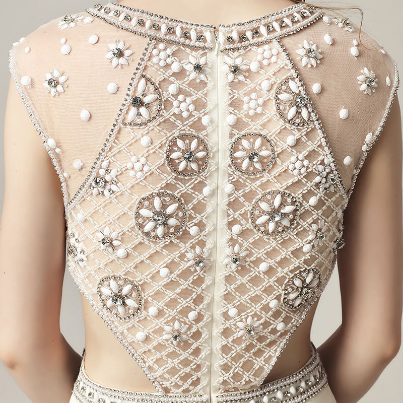 Stunning White Beaded Cap - Sleeve Mermaid Gown with Cut - Out Detail  Prom Dress,LX433