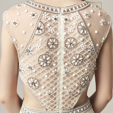 Stunning White Beaded Cap - Sleeve Mermaid Gown with Cut - Out Detail  Prom Dress,LX433