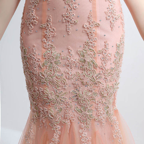Exquisite High - Neck Mermaid - style Pink Evening Gown with Intricate Beaded and Lace Embroidery Prom Dress,LX153