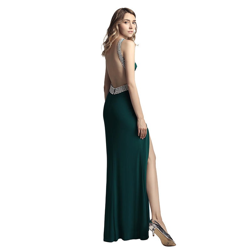 Glamorous Emerald Green Halter Mermaid Gown Embellished Straps and High Slit Prom Dress, LX451