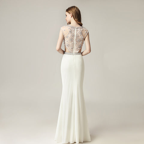 Stunning White Beaded Cap - Sleeve Mermaid Gown with Cut - Out Detail  Prom Dress,LX433