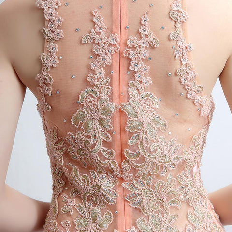 Exquisite High - Neck Mermaid - style Pink Evening Gown with Intricate Beaded and Lace Embroidery Prom Dress,LX153