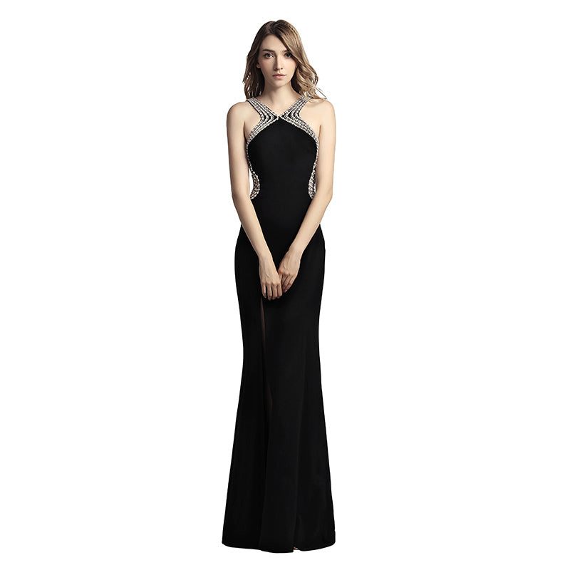 Glamorous Emerald Green Halter Mermaid Gown Embellished Straps and High Slit Prom Dress, LX451