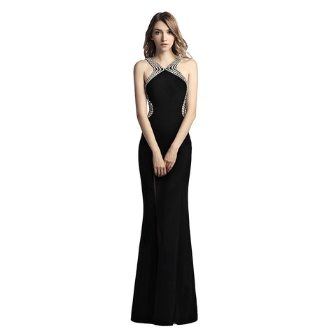 Glamorous Emerald Green Halter Mermaid Gown Embellished Straps and High Slit Prom Dress, LX451
