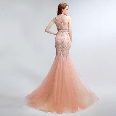 Exquisite High - Neck Mermaid - style Pink Evening Gown with Intricate Beaded and Lace Embroidery Prom Dress,LX153