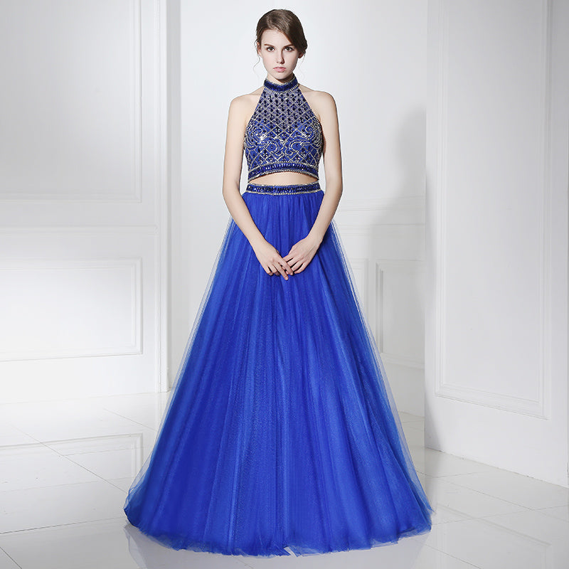 Glamorous Halter - Neck Blue Gown with Embellished Crop Top and Fluffy Tulle Prom Dress,LX396
