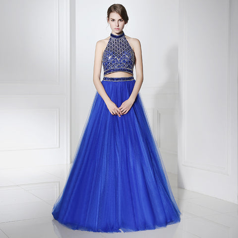 Glamorous Halter - Neck Blue Gown with Embellished Crop Top and Fluffy Tulle Prom Dress,LX396