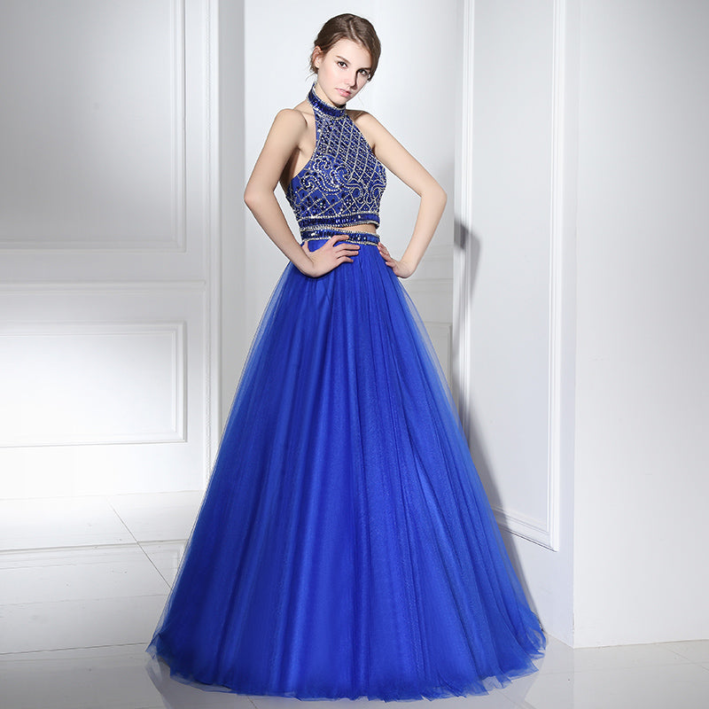 Glamorous Halter - Neck Blue Gown with Embellished Crop Top and Fluffy Tulle Prom Dress,LX396