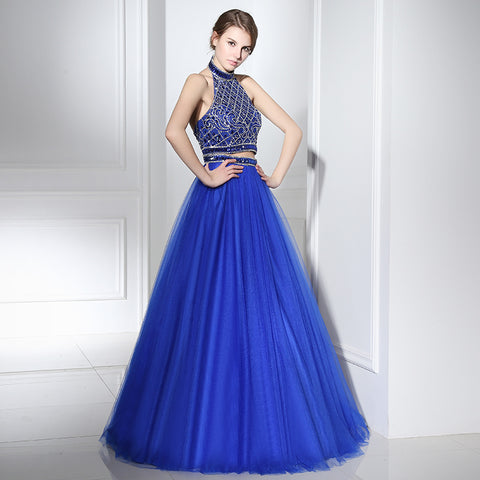 Glamorous Halter - Neck Blue Gown with Embellished Crop Top and Fluffy Tulle Prom Dress,LX396