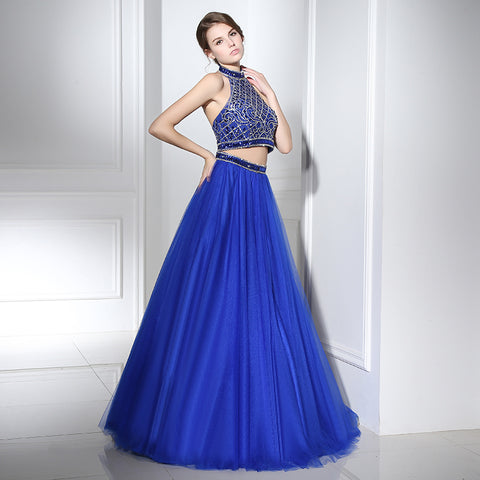 Glamorous Halter - Neck Blue Gown with Embellished Crop Top and Fluffy Tulle Prom Dress,LX396