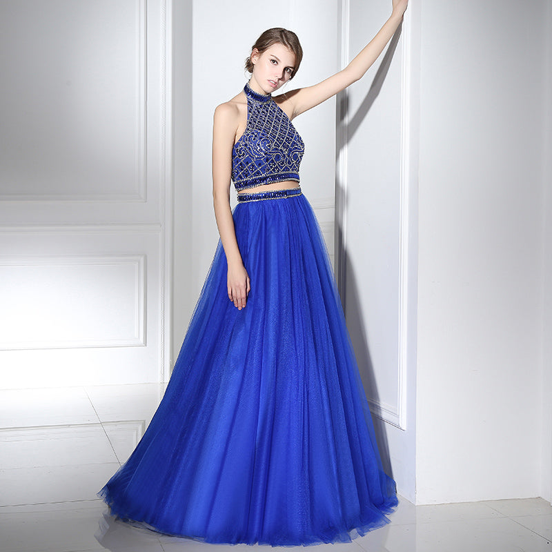 Glamorous Halter - Neck Blue Gown with Embellished Crop Top and Fluffy Tulle Prom Dress,LX396