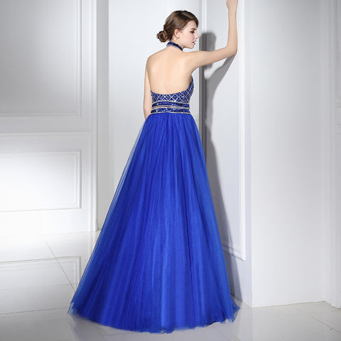 Glamorous Halter - Neck Blue Gown with Embellished Crop Top and Fluffy Tulle Prom Dress,LX396