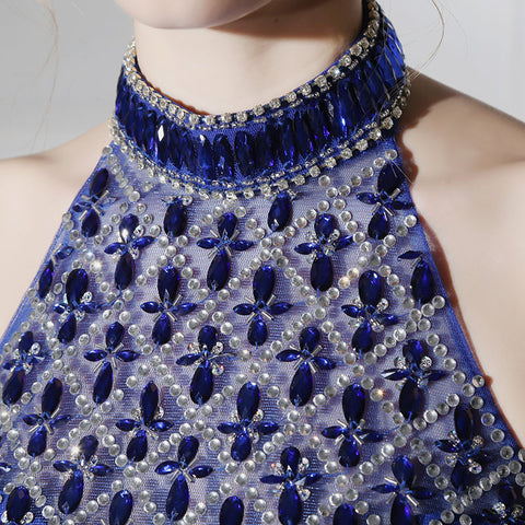 Glamorous Halter - Neck Blue Gown with Embellished Crop Top and Fluffy Tulle Prom Dress,LX396