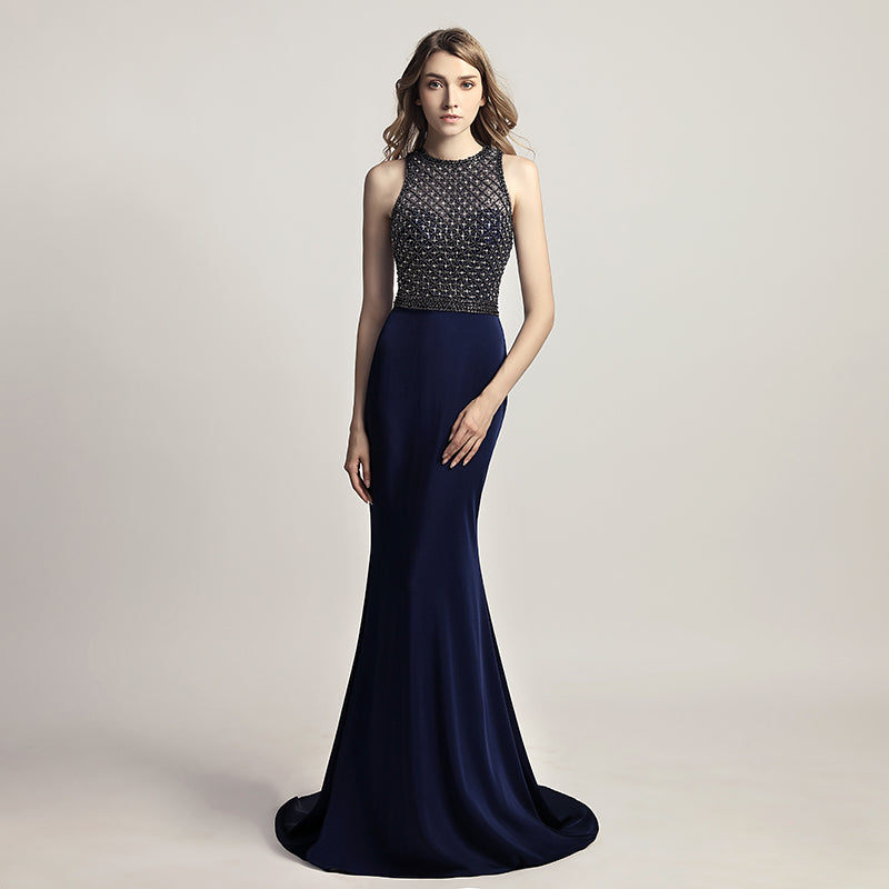 Elegant Navy Blue Halter Mermaid Gown with Embellished Bodice Prom Dress,LX480