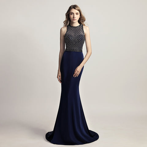 Elegant Navy Blue Halter Mermaid Gown with Embellished Bodice Prom Dress,LX480