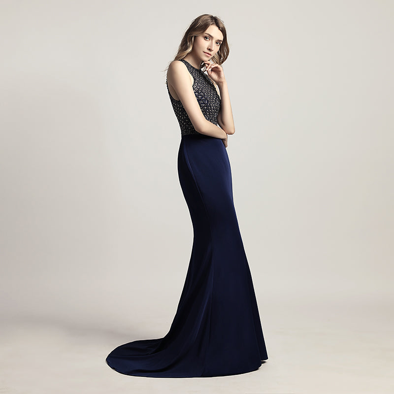 Elegant Navy Blue Halter Mermaid Gown with Embellished Bodice Prom Dress,LX480