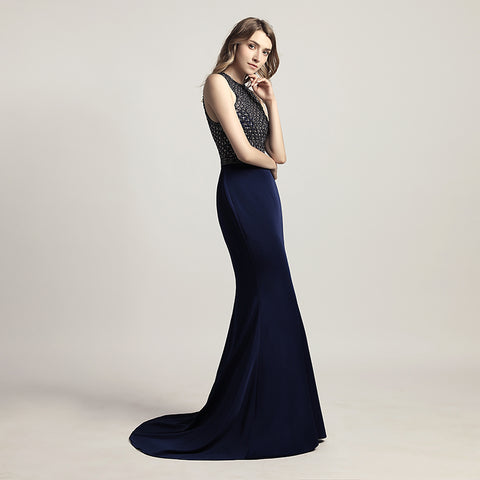 Elegant Navy Blue Halter Mermaid Gown with Embellished Bodice Prom Dress,LX480
