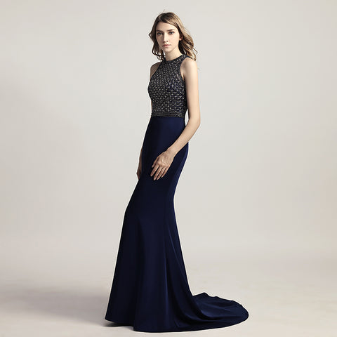 Elegant Navy Blue Halter Mermaid Gown with Embellished Bodice Prom Dress,LX480