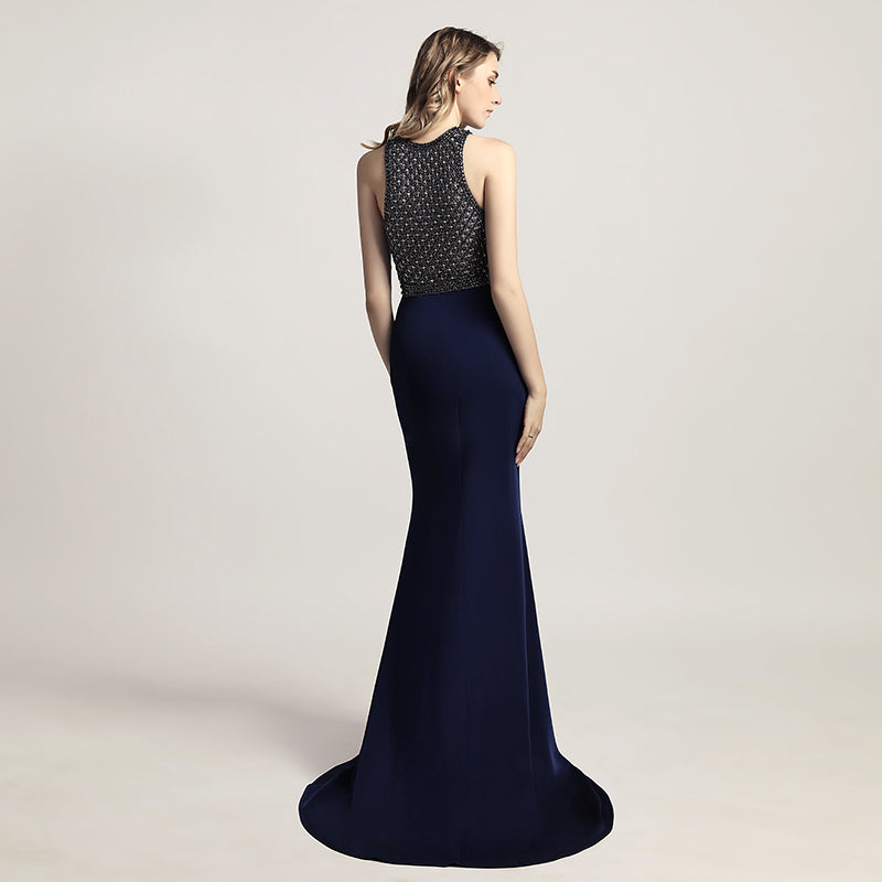Elegant Navy Blue Halter Mermaid Gown with Embellished Bodice Prom Dress,LX480