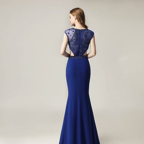 Stunning White Beaded Cap - Sleeve Mermaid Gown with Cut - Out Detail  Prom Dress,LX433