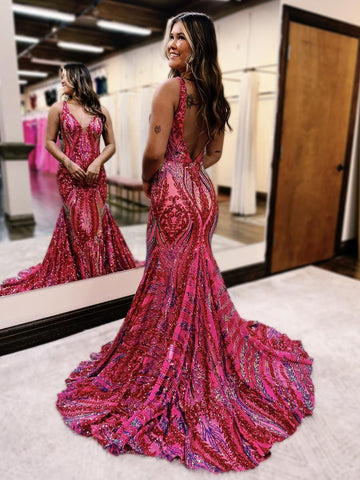 Charming Mermaid V Neck Blue Sequin Lace Long Prom Dresses