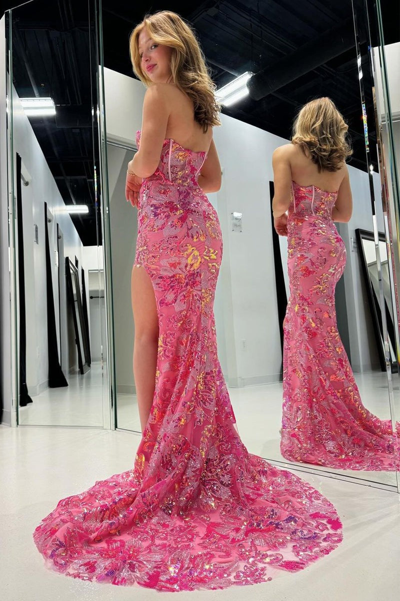 Pink Mermaid Strapless Sequin Lace Long Prom Dresses with Slit