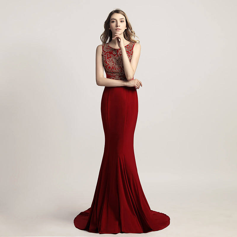 Elegant Red Sleeveless Mermaid Gown with Embroidered Bodice Prom Dress,LX444