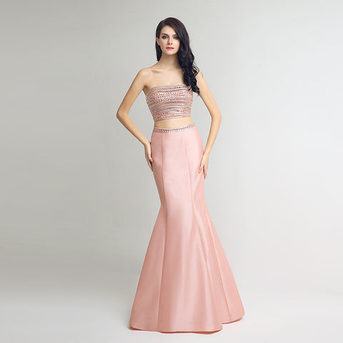 Chic Strapless Pink Mermaid Two - Piece Gown with Embellished Bodice Prom Dress,LX252
