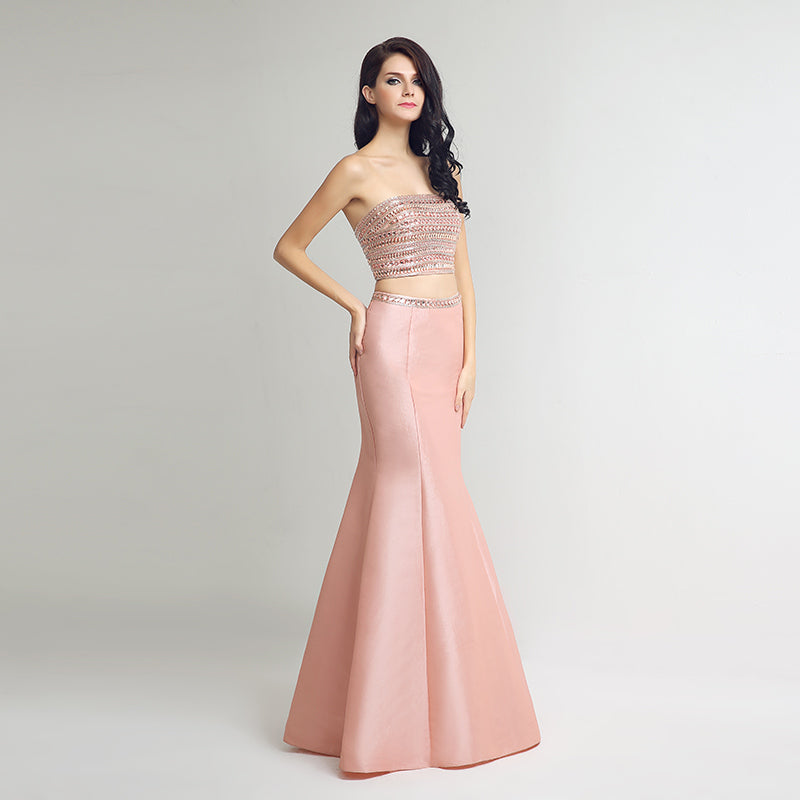 Chic Strapless Pink Mermaid Two - Piece Gown with Embellished Bodice Prom Dress,LX252