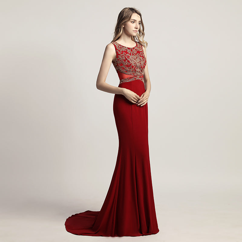 Elegant Red Sleeveless Mermaid Gown with Embroidered Bodice Prom Dress,LX444