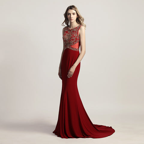 Elegant Red Sleeveless Mermaid Gown with Embroidered Bodice Prom Dress,LX444