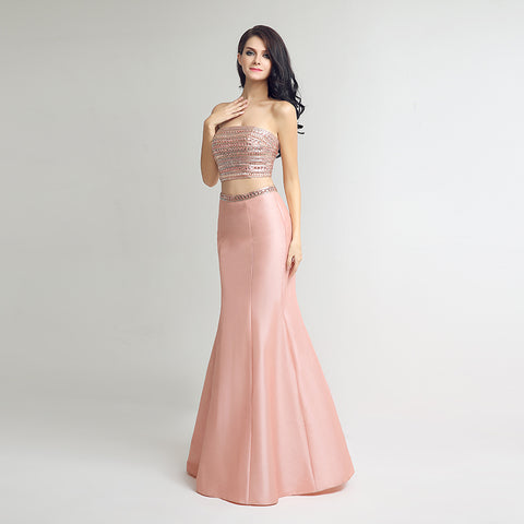 Chic Strapless Pink Mermaid Two - Piece Gown with Embellished Bodice Prom Dress,LX252