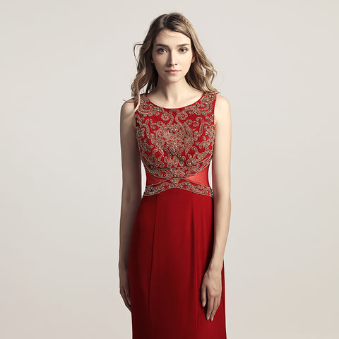 Elegant Red Sleeveless Mermaid Gown with Embroidered Bodice Prom Dress,LX444