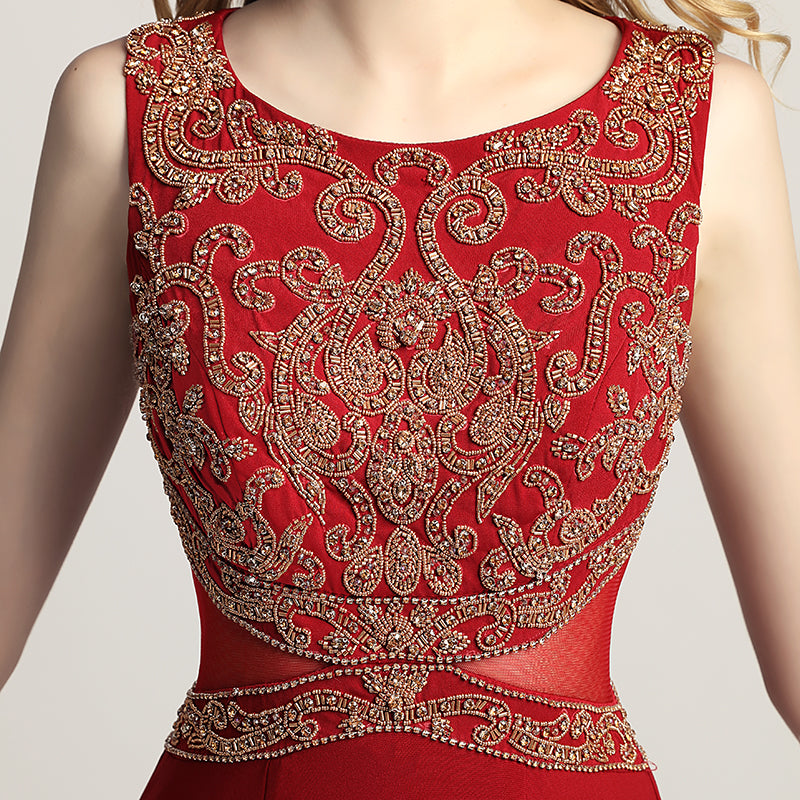 Elegant Red Sleeveless Mermaid Gown with Embroidered Bodice Prom Dress,LX444