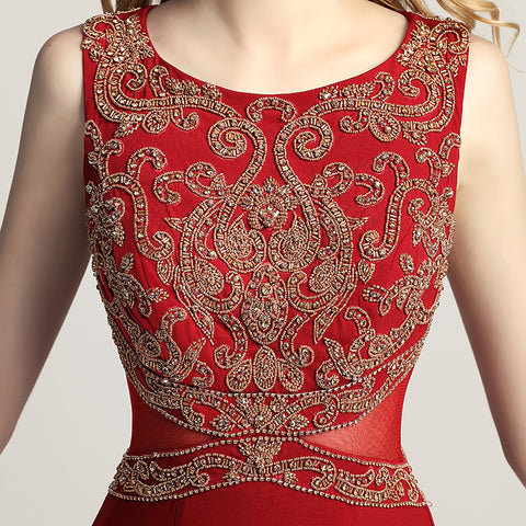 Elegant Red Sleeveless Mermaid Gown with Embroidered Bodice Prom Dress,LX444