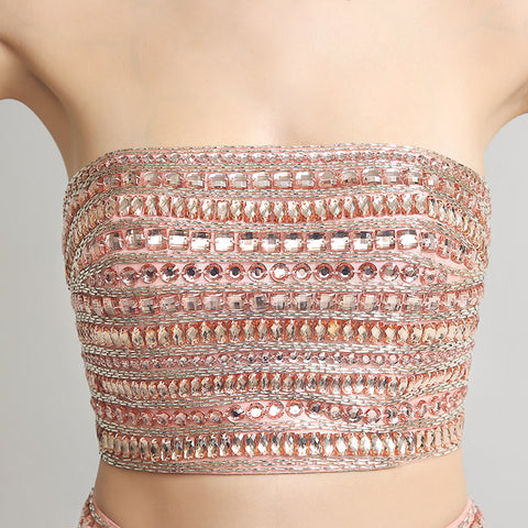 Chic Strapless Pink Mermaid Two - Piece Gown with Embellished Bodice Prom Dress,LX252